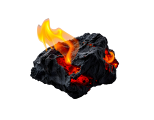 Burning rock with fiery flames, lava and embers on a transparent background