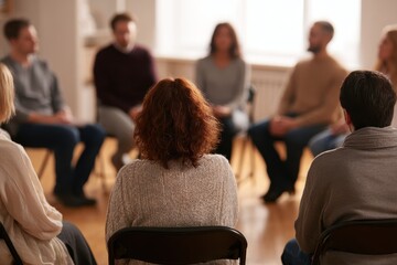 Obraz premium Group discussion on personal growth during a therapy session in a cozy, neutral-toned room
