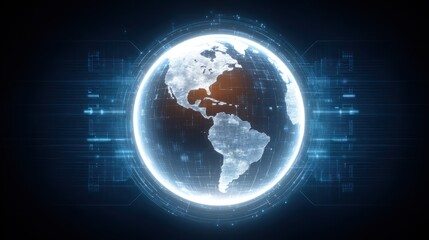 Digital Earth Globe - A glowing digital representation of the Earth, showcasing a network of data and technology. The globe is illuminated against a dark background, symbolizing global connectivity.