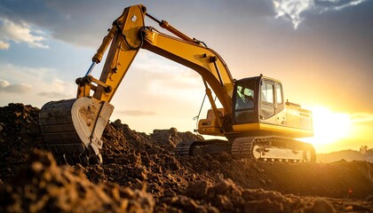 Yellow excavator working in a dirt pit at sunset.