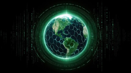 Digital Earth Concept - A futuristic representation of the Earth surrounded by a glowing hexagonal pattern and binary code. This image symbolizes technology and global connectivity.