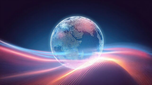 Digital Globe with Light Waves - A stylized digital representation of the Earth surrounded by colorful light waves. This image conveys a sense of global connectivity and technology.
