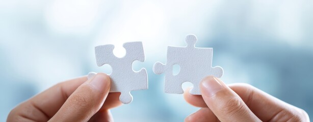 The hands connecting two white puzzle pieces in a bright setting