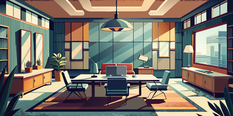 Modern restaurant interior with empty tables and chairs, a contemporary design for a business meeting or casual dining