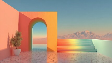 A vibrant architectural space showcases pastel-colored walls and an elegant archway. The serene atmosphere is complemented by distant mountains and a soothing sunset glow