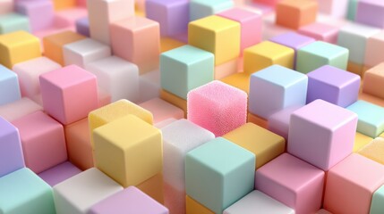 Fototapeta premium A variety of soft foam blocks in pastel colors are artfully arranged, creating a vibrant and playful atmosphere. The blocks showcase different shapes and textures, inviting creativity