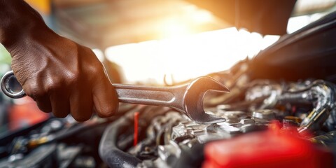 The skilled mechanic using a wrench to repair an engine in a workshop environment.