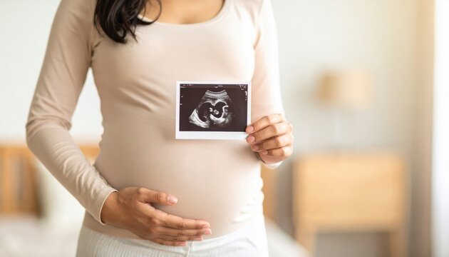 Pregnant Woman Holding Ultrasound Photo of Baby in Cozy Home Setting