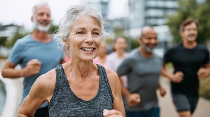 fit senior people running at city park group of elderly friends doing sport workout together outdoor main focus on center mature woman face no logos no brands ar 169