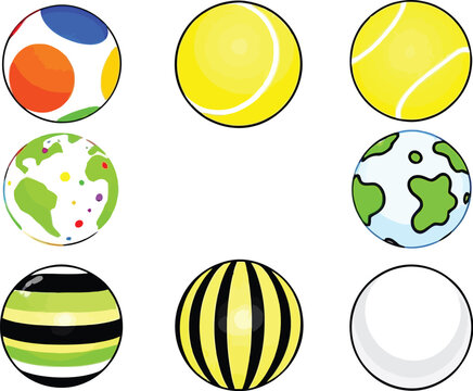 Set of Eight Stylized Balls Featuring Earth Designs, Tennis Ball Variants, and Striped Patterns—Ideal for Teaching Geography, Sports Recognition, and Visual Categorization in Early Learning Materials