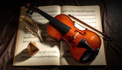 Fototapeta premium Violin on Sheet Music with Quaint Accessories and Warm Lighting
