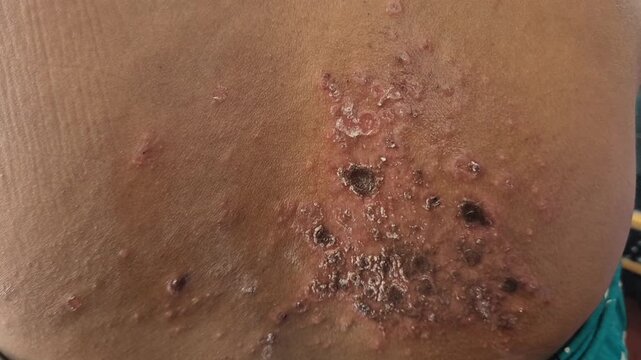 Close up image of skin texture suffering severe urticaria or hives or kaligata in shoulder asian girl. Allergy symptoms, with wounds that partially dry out from eating seafood.