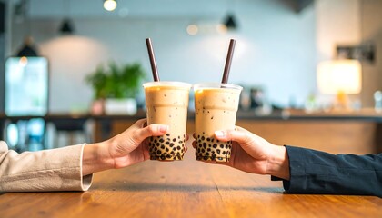 Two hands hold up cups of bubble tea.