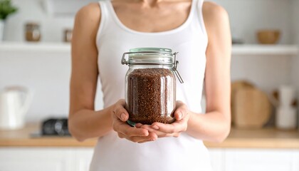 Woman Holding Jar of Healthy Seeds in Modern Kitchen Environment