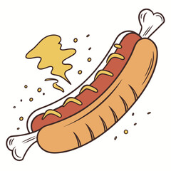 Illustration of a hotdog with mustard isolated on white background, a classic and simple american fast food snack