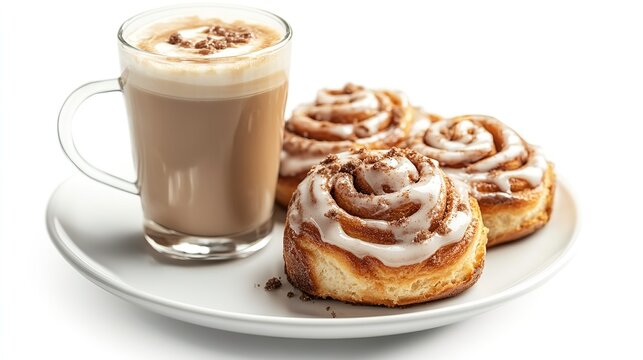 A latte in a glass mug with cinnamon rolls on a white plate against a white background studio shot