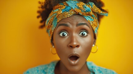 amazed dark skinned housewife has stupefied expression wears headband on head poses against yellow background with copy space for your advertising content surprised african american woman no logos no