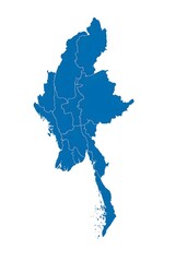 Myanmar Map Blue with Administrative Divisions Isolated