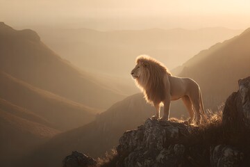 Golden Ascent - Lion on Mountain Top at Sunrise