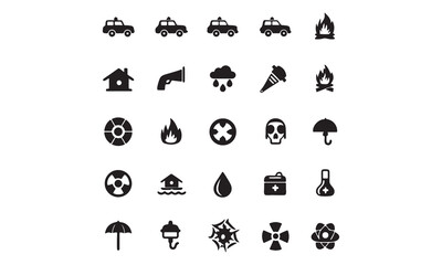 Emergency and Fire Safety Icons Ambulance, Fire Truck, Medical, Alert, and Rescue Symbols