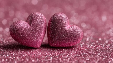 Obraz premium Two sparkling pink hearts sit closely together on a glimmering surface, radiating joy and affection, perfect for a romantic occasion or celebration.