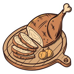 Roasted turkey on a wooden board with sliced meat and onions isolated on white background