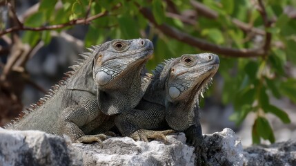 Fototapeta premium Happy Iguanas Sunbathing in the Wild under Natural Sunlight
