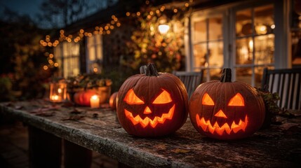 Fototapeta premium Two carved pumpkins with mischievous expressions light up a rustic wooden table. The atmosphere is warm and inviting with string lights and autumn leaves surrounding the scene