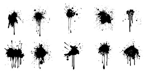 Collection of ten black ink splash spray brush set on transparent background. Vector 