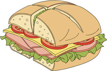 Delicious ham and cheese submarine sandwich with lettuce and tomato isolated on white background