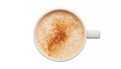 A latte in a white mug with a dusting of spice powder.