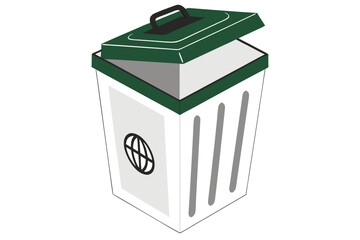 Green and white trash can with open lid and globe symbol isolated on white background