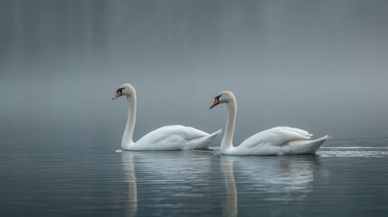 Fototapeta premium Serene Swans Gliding Over a Misty Lake at Dawn