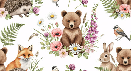 Obraz premium Seamless watercolor woodland animals pattern with bear cubs, fox, rabbit, hedgehog, birds, wildflowers and ferns, cute forest wildlife illustration for nursery wall art, kids fabric and nature themed 