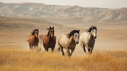 Obraz premium Wild Horses Running Happily Across the Prairie Landscape at Dusk
