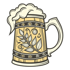 Vintage wooden beer mug with foam isolated on white background, a vector design element for oktoberfest celebration