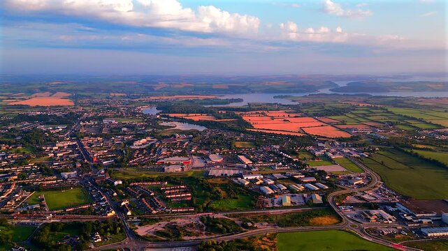 Midleton, aerial view of the town, Ireland at sunset