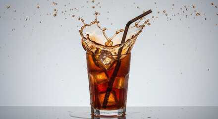 A glass of cola with ice cubes and a straw, creating a splash with droplets frozen in mid-air against a light background.