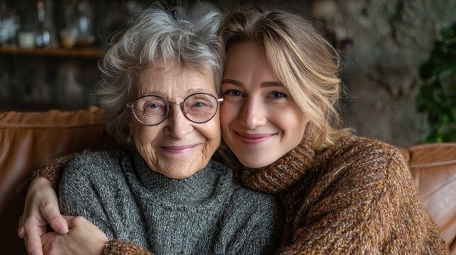 portrait of old grandma and adult granddaughter hugging with love on sofa while looking at camera happy young woman with eyeglasses hugging from behind older grandma with spectacles generation family
