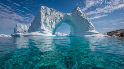 AI-generated image of an arch-shaped iceberg in turquoise arctic water