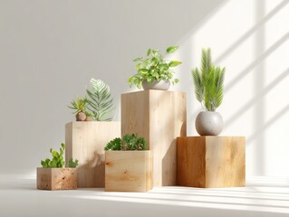 Minimalist still life of potted succulents and plants on varying heights of light wood blocks, bathed in soft sunlight against a white backdrop