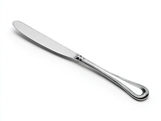 Polished stainless steel dinner knife with a slightly curved, oval-shaped handle and a smooth, gently tapered blade, isolated on a white background