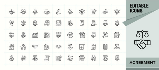 Agreement vector line icon set. Consensus simple icon set. Contains such icons as deal, approval, check, settlement, hand, team and more. Pixel perfect. Editable stroke.