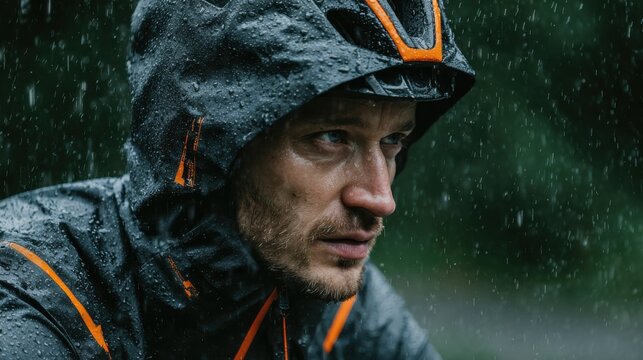 A focused cyclist rides through a heavy downpour, showcasing determination amid the rain. The forest backdrop adds to the challenge of the rugged environment. - Powered by Adobe