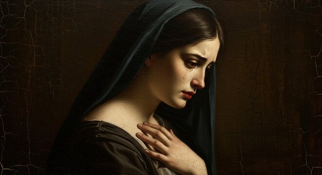 Sad woman painting art print tears grief sorrow emotional artwork vintage portrait female character study