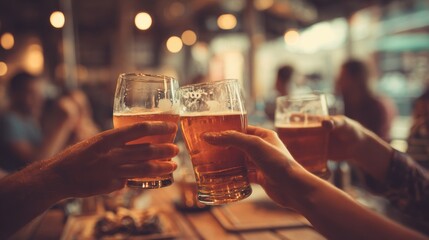 group of friends enjoying a beer in brewery pub  young people hands cheering at bar restaurant  friendship and youth concept  warm vintage filter  main focus on bottom hand no logos no brands ar 169