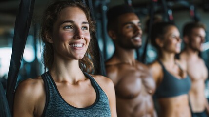 smiling group of fit people in sportswear doing pullups using resistance bands during an exercise class at the gym no logos no brands ar 169