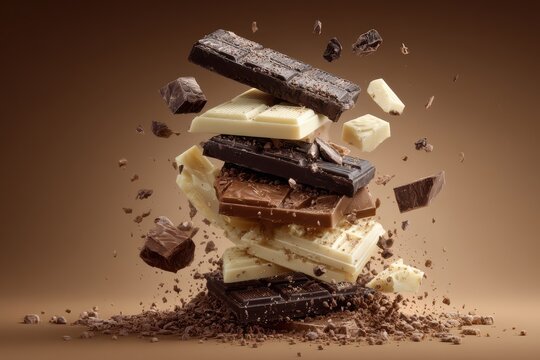 Chocolate varieties in mid-air showcasing dark, milk, and white chocolate with cocoa dust at a studio setting