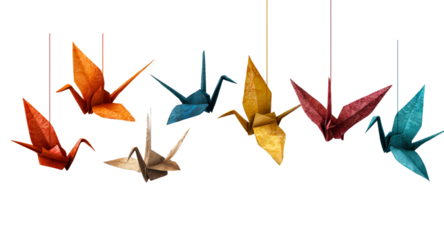 Ornate paper cranes suspended by threads against a neutral surface