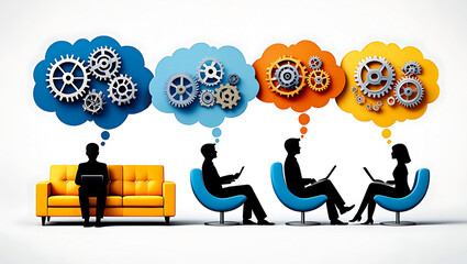 Collaborative Thinking and Problem Solving with Gears and Silhouettes representing Diverse Perspectives and Creative Solutions in Teamwork